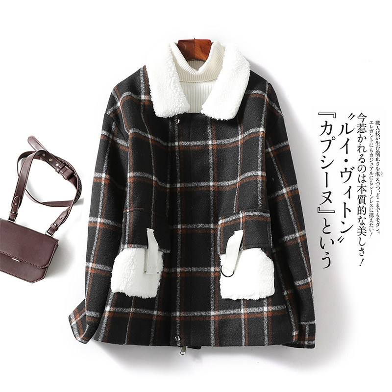 加厚格子棉衣大衣外套2023冬季翻领加厚格子中长款棉服外套女4429
