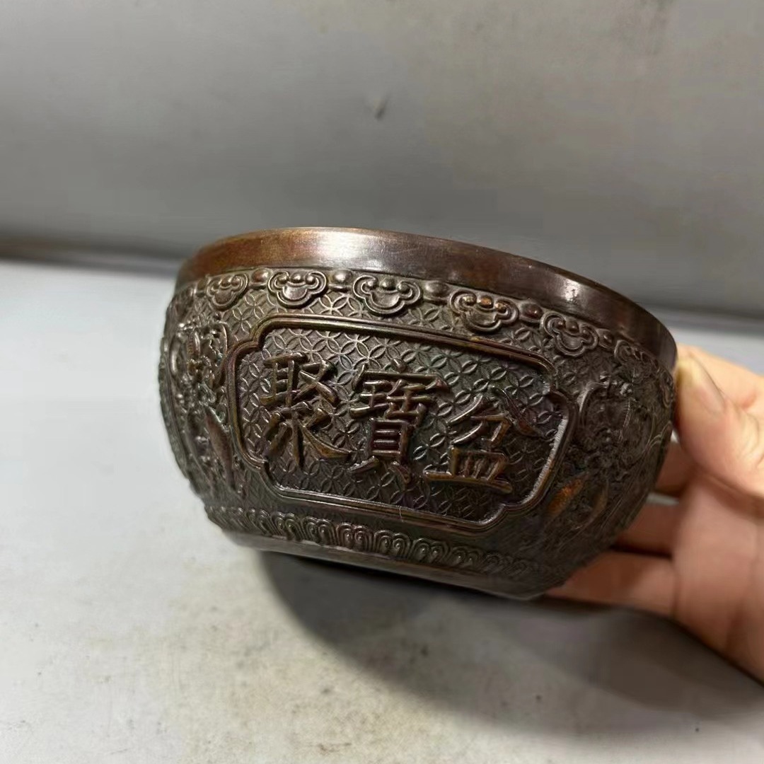 仿古铜碗麒麟碗古董聚宝盆摆件大清乾隆年制浮雕家居工艺品摆件