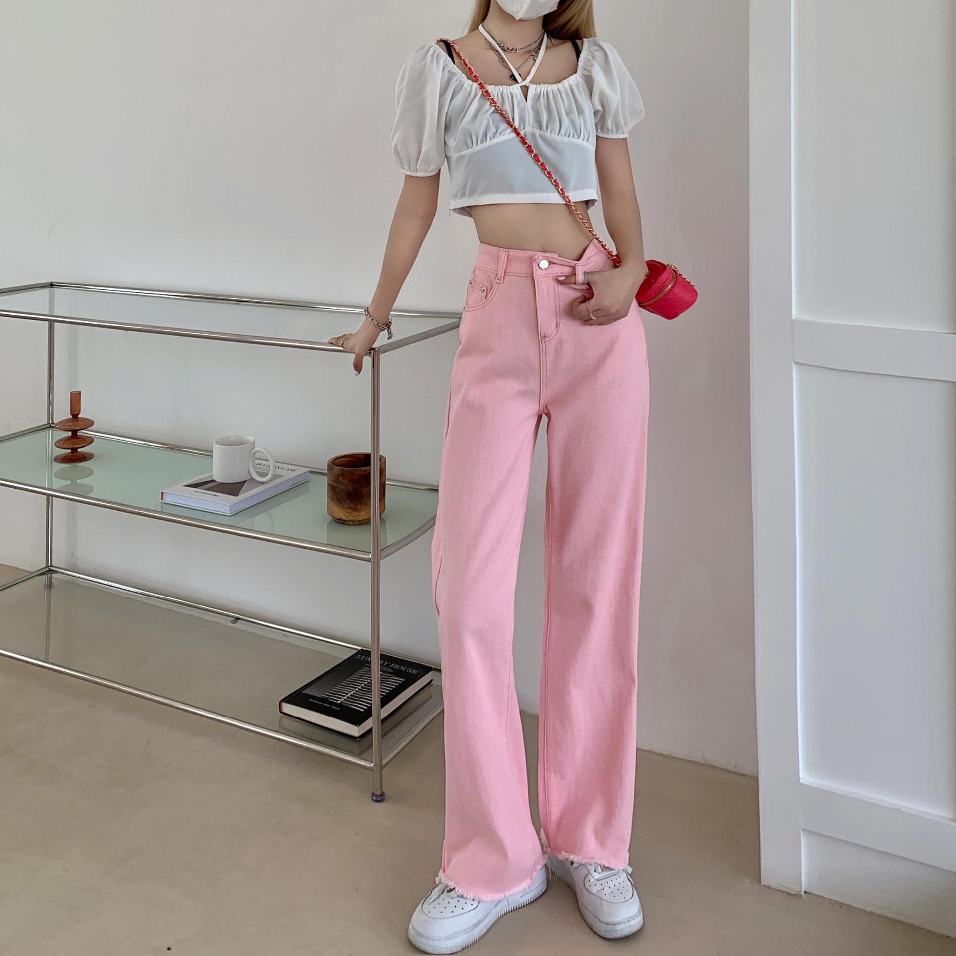 Korean Style Spring and Summer New Women's Soft Girl Embroidered Pink Wide Leg Jeans High Waist Figure Flattering Straight-Leg Pants Frayed Edges