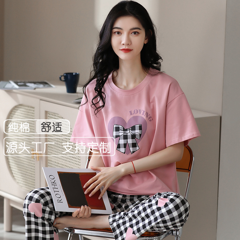 Cotton Pullover Pajamas Women's Pink Girl Plaid Trousers High-Grade Spring and Summer Student Homewear 2024 Suit