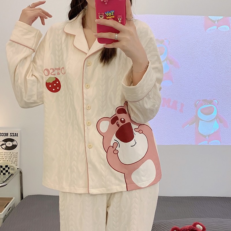 Pajamas Women's Spring and Autumn Pure Cotton Long Sleeve Cute Internet Celebrity Outer Wear Loose Cardigan Suit Home Wear Women's Summer