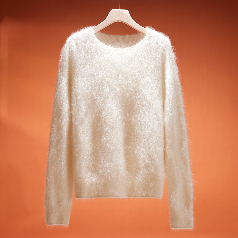 康赛妮100%山羊绒拉毛羊绒衫女2023新款时尚气质圆领皮草针织衫潮