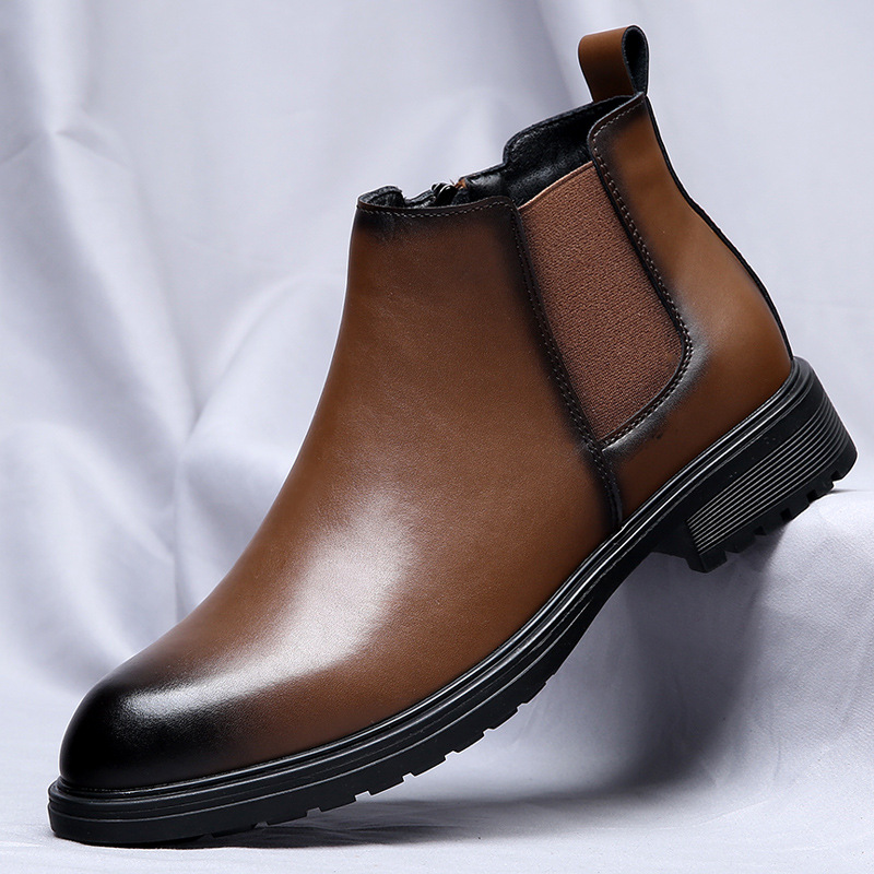 拉链切尔西短靴男英伦风一脚蹬高帮皮鞋真皮复古牛皮男士马丁靴潮
