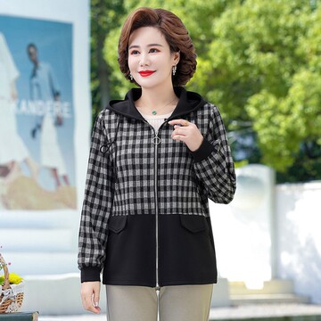 妈妈春装洋气格子外套短款休闲夹克连帽风衣中老年女春秋新款上衣