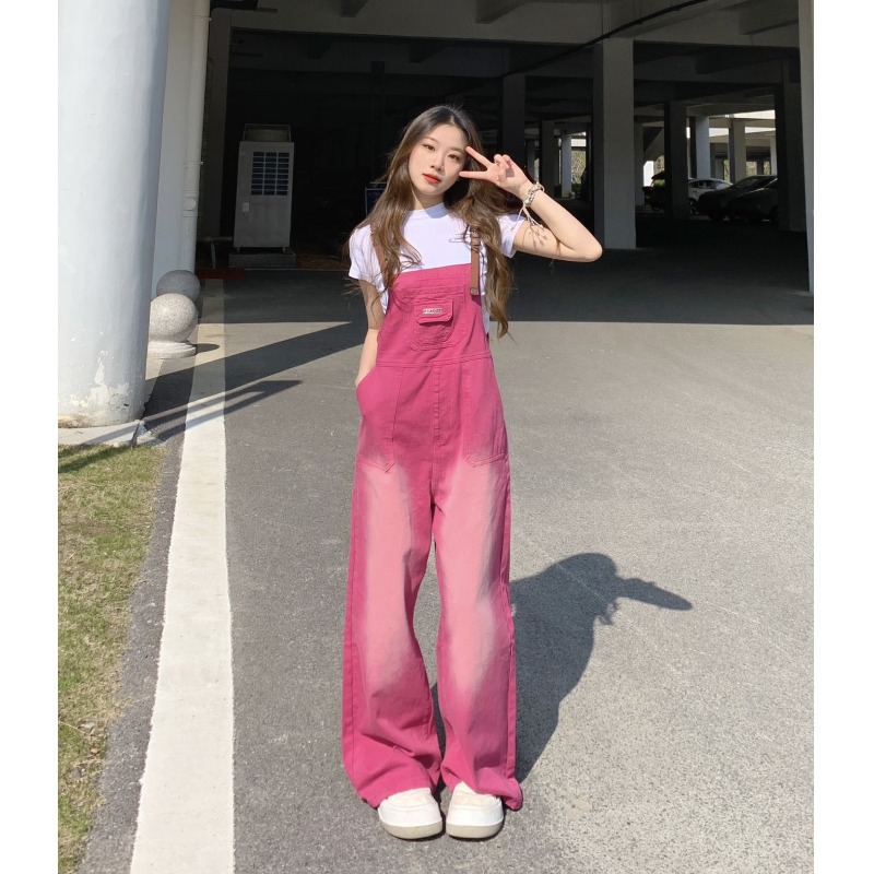树莓粉色阔腿牛仔背带裤套装女夏季设计感小众连体裤子长裤-阿里巴巴