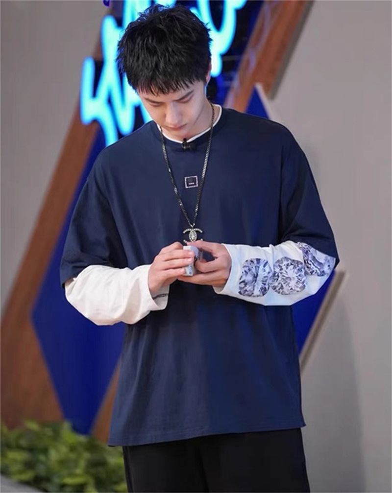 街舞4王一博同款衣服笑脸蓝色假两件长袖宽松卫衣薄男女情侣学生