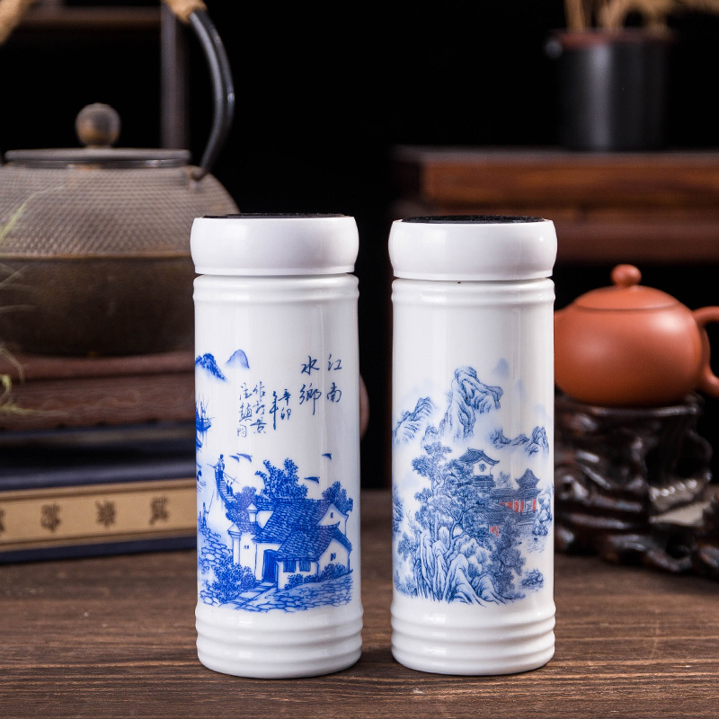 Jingdezhen Double-Layer Ceramic Thermos Cup Liner Portable Blue and White Porcelain Cup with Lid Office Water Cup Gift Cup Wholesale