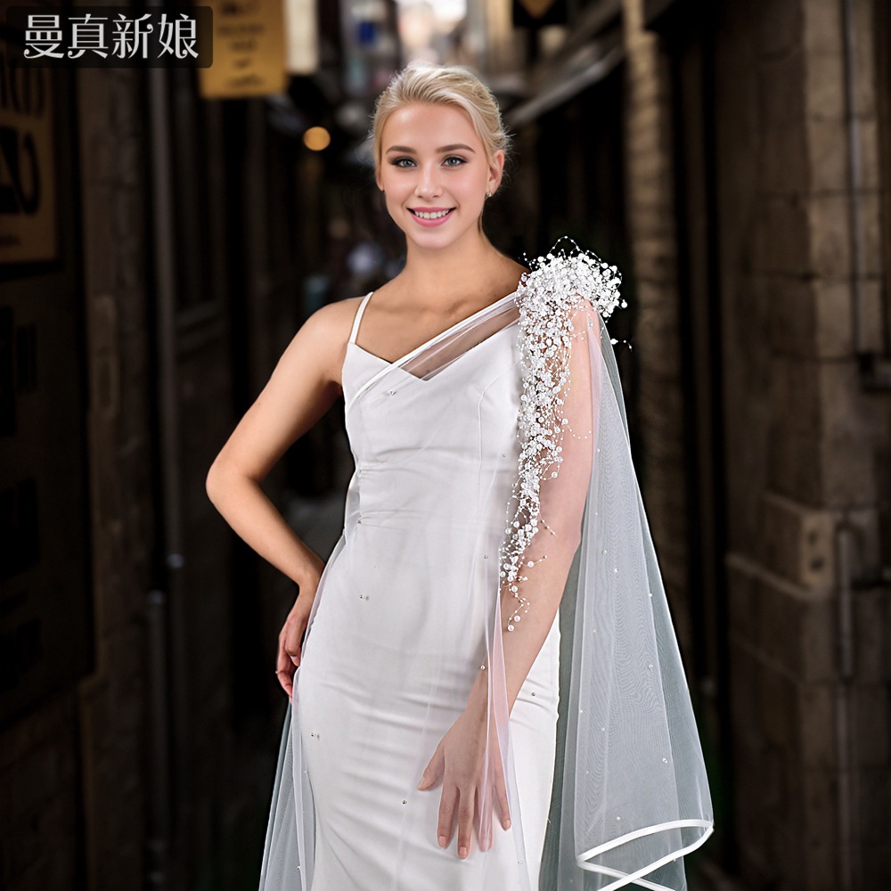 曼真 特色斜肩珍珠流苏披肩 新娘结婚礼服肩部配饰包边款披肩mg43