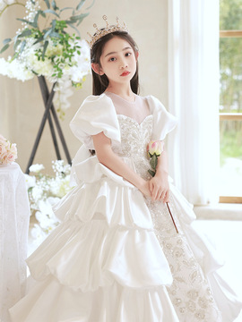 儿童礼服公主裙高端洋气花童生日宴女童婚纱主持人钢琴演出服白色