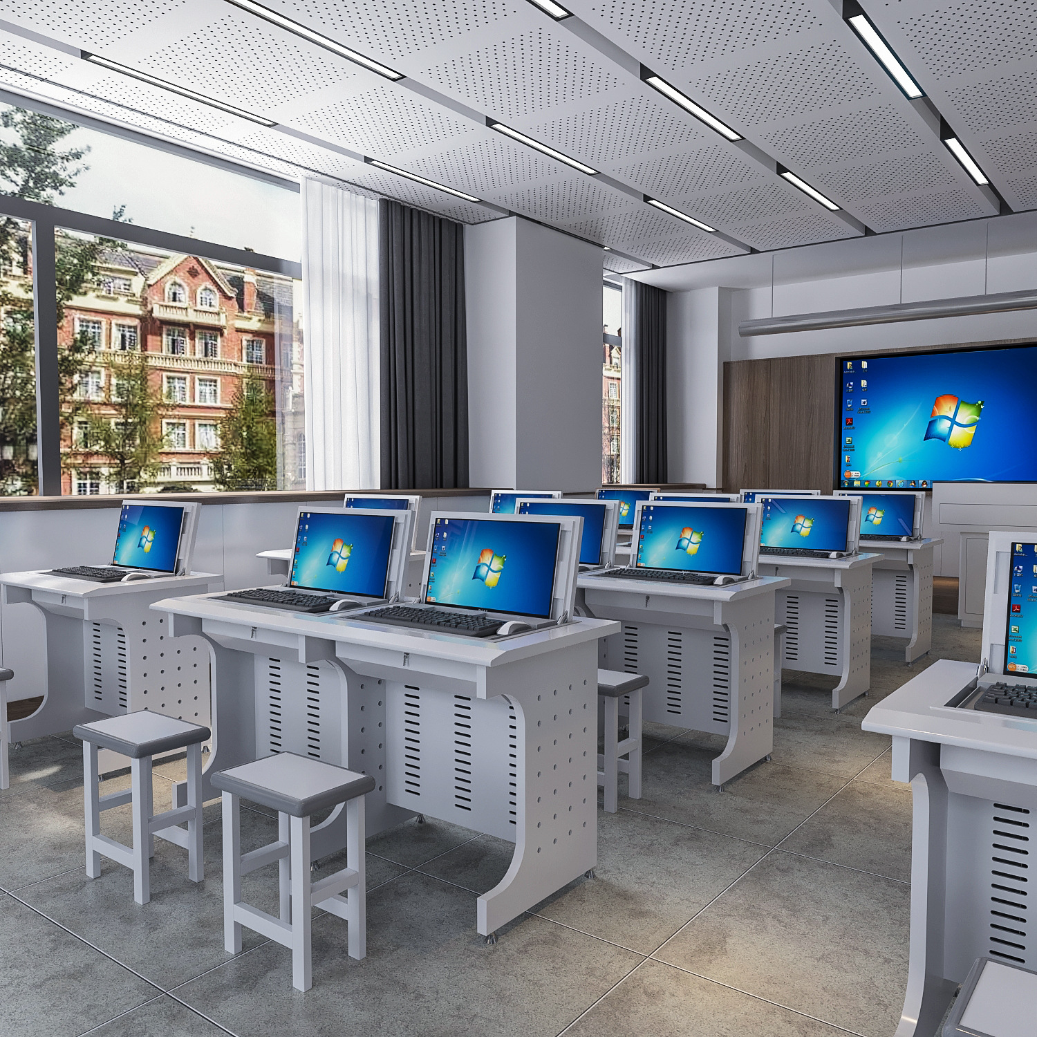 翻转电脑桌隐藏式多媒体电教室机房部队学校单人双人三人培训桌