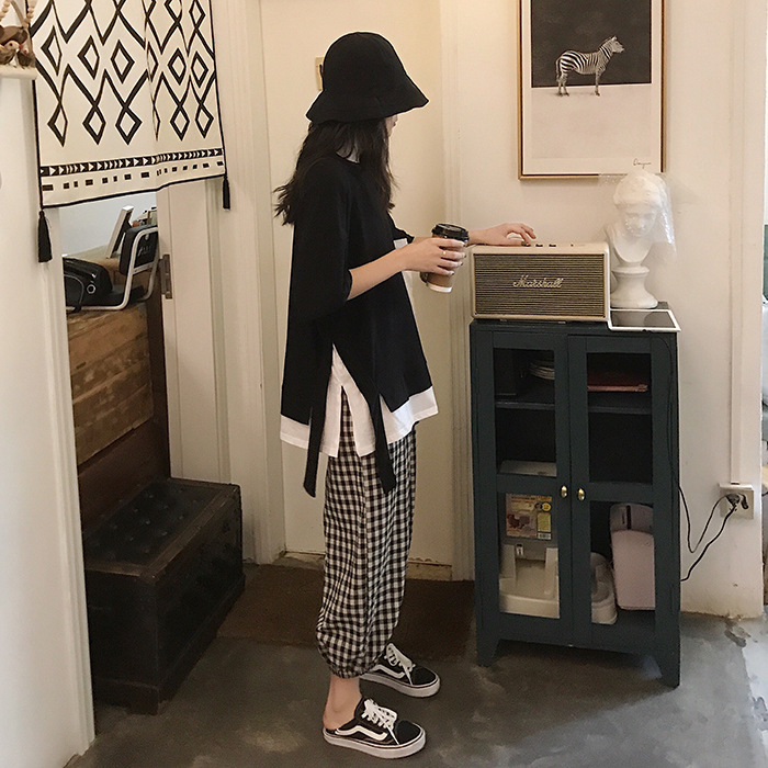 港味风休闲女短袖t恤 格子裤两件套潮夏季宽松大码假两件上衣套装