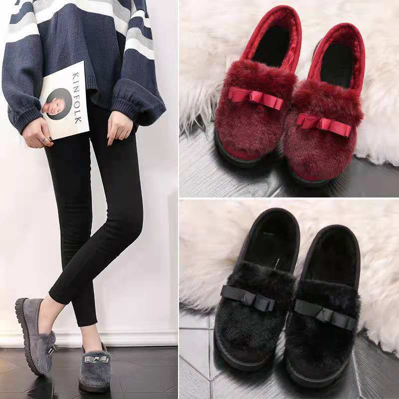 Flat Loafers Women's Autumn and Winter Fleece-lined Thickened Fluffy Shoes Women's Korean Style Slip-on Warm Slip-on Cotton Shoes
