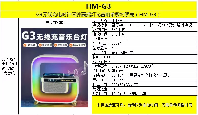 G500 Speaker G3 Bluetooth Speaker Seven-Color Ambience Light Subwoofer Clock Alarm Clock Wireless Charger Bluetooth Speaker