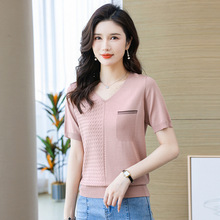 2023韩版时尚镂空丝针织短袖t恤女夏季新款V领显瘦宽松打底衫半袖