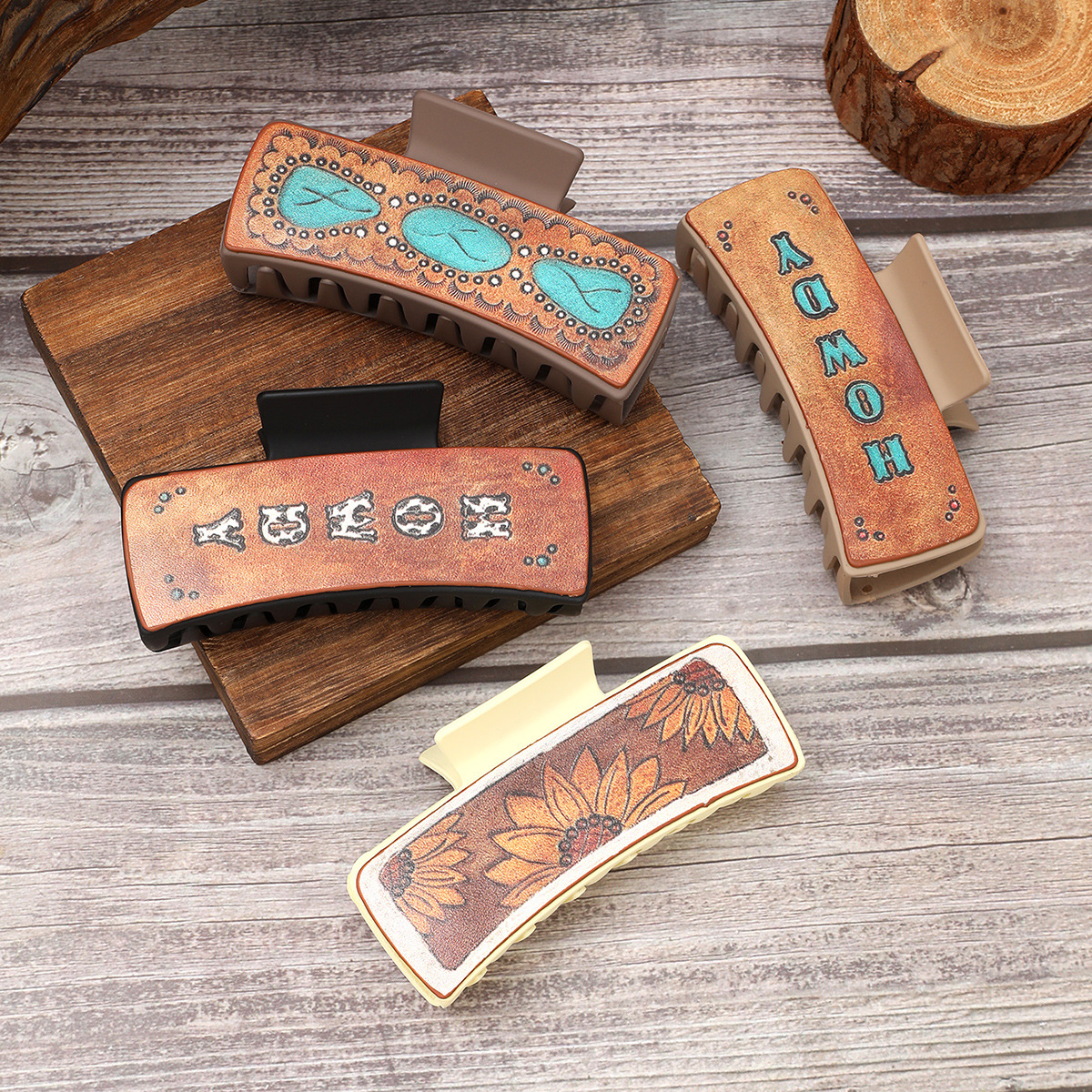 Cross-Border Western Style Leather Barrettes Sunflower English Letters Grip Ladies Shark Clip AliExpress Amazon