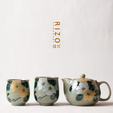 日本原装进口九谷烧套装 手绘金银花卉一壶两杯礼盒装 后手茶壶