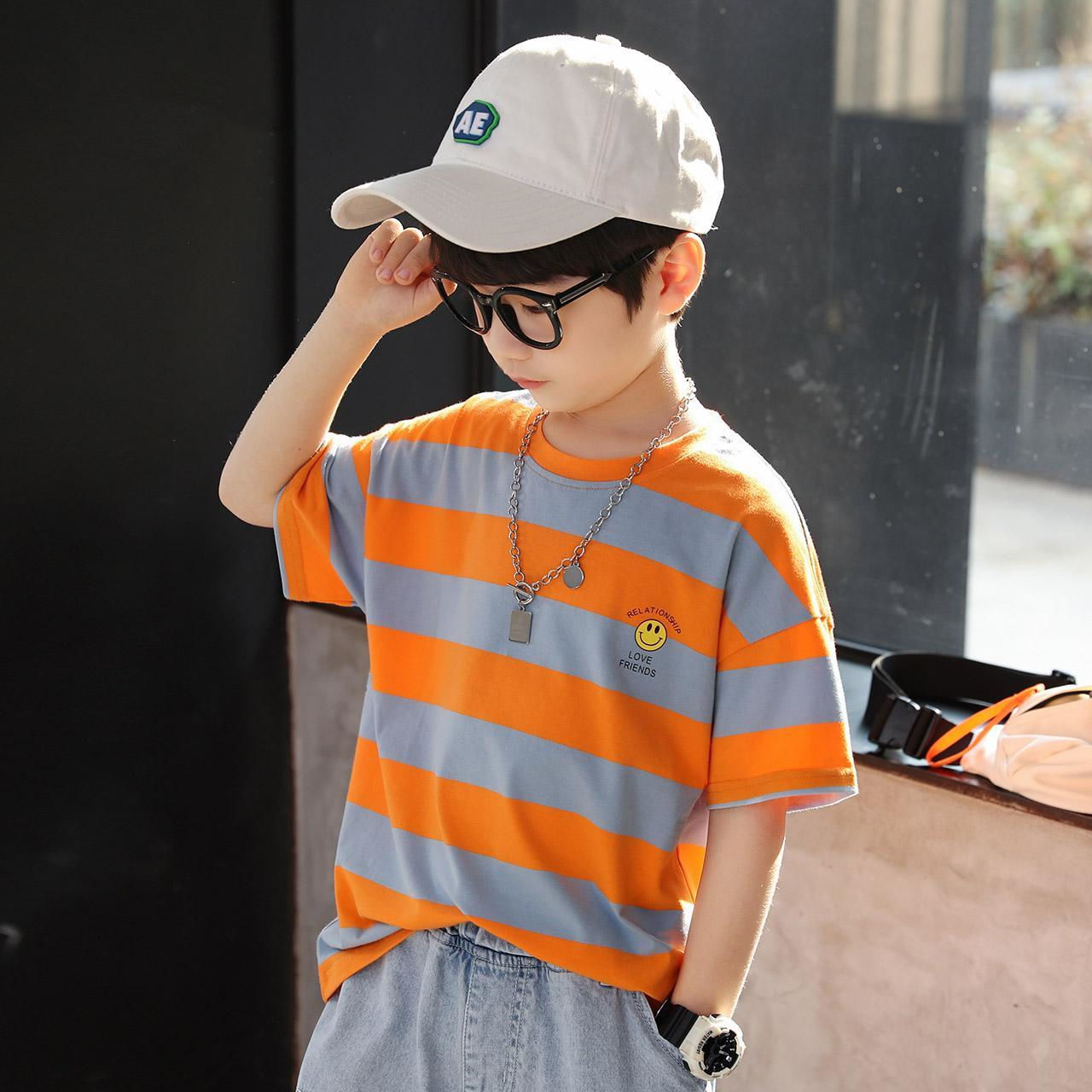 男童短袖2022夏t恤中大童上衣棉儿童体恤衫半袖装新款条纹潮童