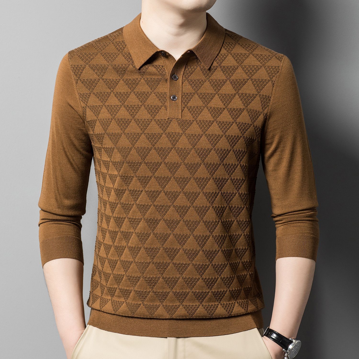 春秋季羊毛衫男士时尚翻领精纺超细美丽诺羊毛男款长袖上衣毛衣男