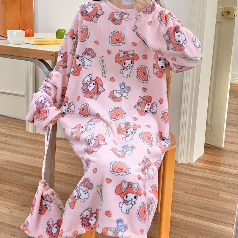 冬天珊瑚绒睡裙女士可爱卡通法兰绒睡衣过膝长裙秋冬可外穿家居服