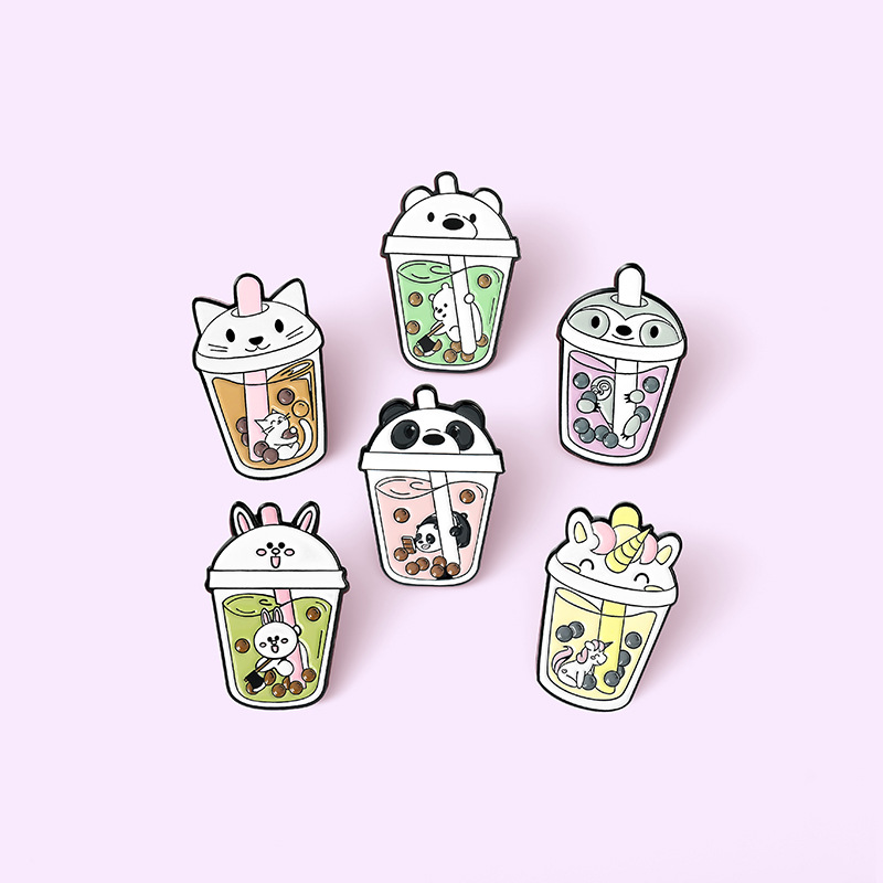 Cartoon New Creative Cute Animal Avatar Shape Brooch Bubble Tea Brooch Accessories Paint Badge