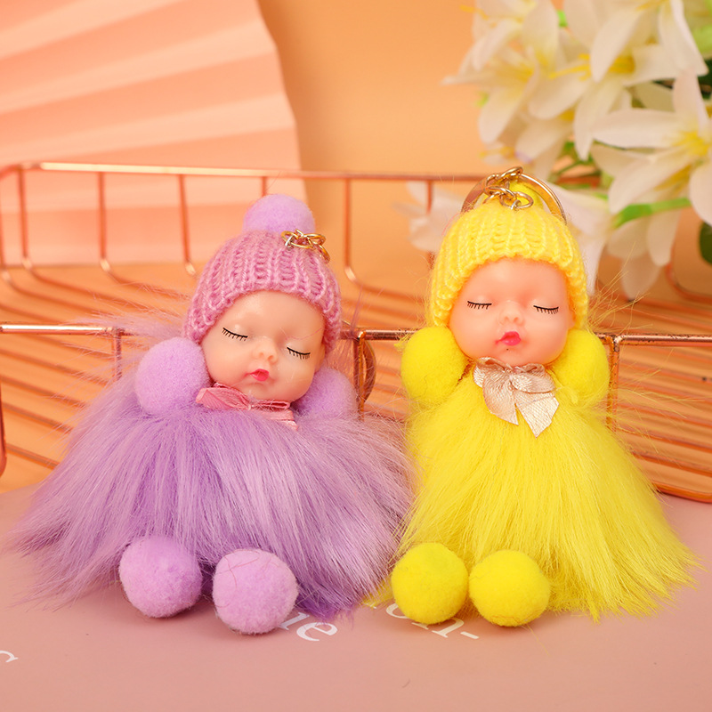 厂家批发睡眠娃娃毛球钥匙扣可爱帽子公仔挂饰狐狸毛球睡娃娃挂件