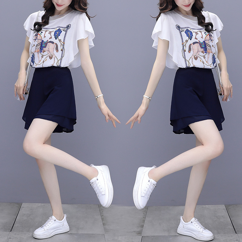 卓卓夏季短裙套装女新款夏装轻熟风气质洋气减龄雪纺衫两件套裙