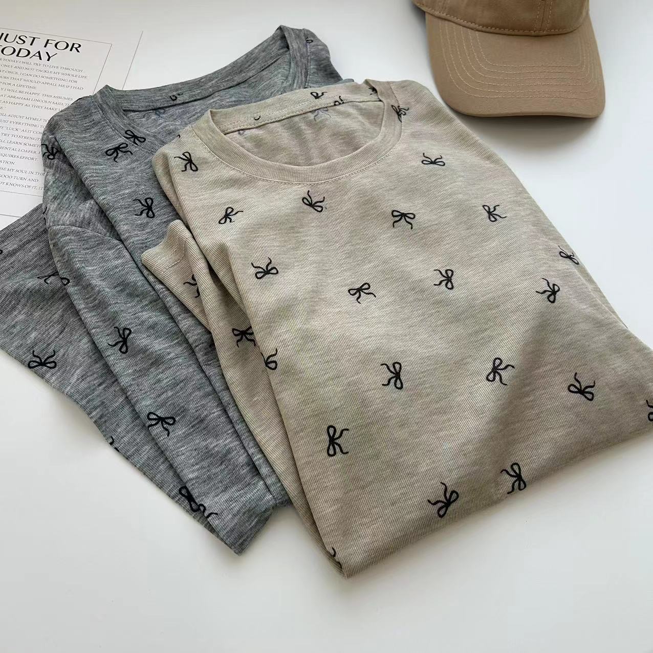 天丝韩版蝴蝶结印花薄款防晒长袖t恤女罩衫2024年春夏