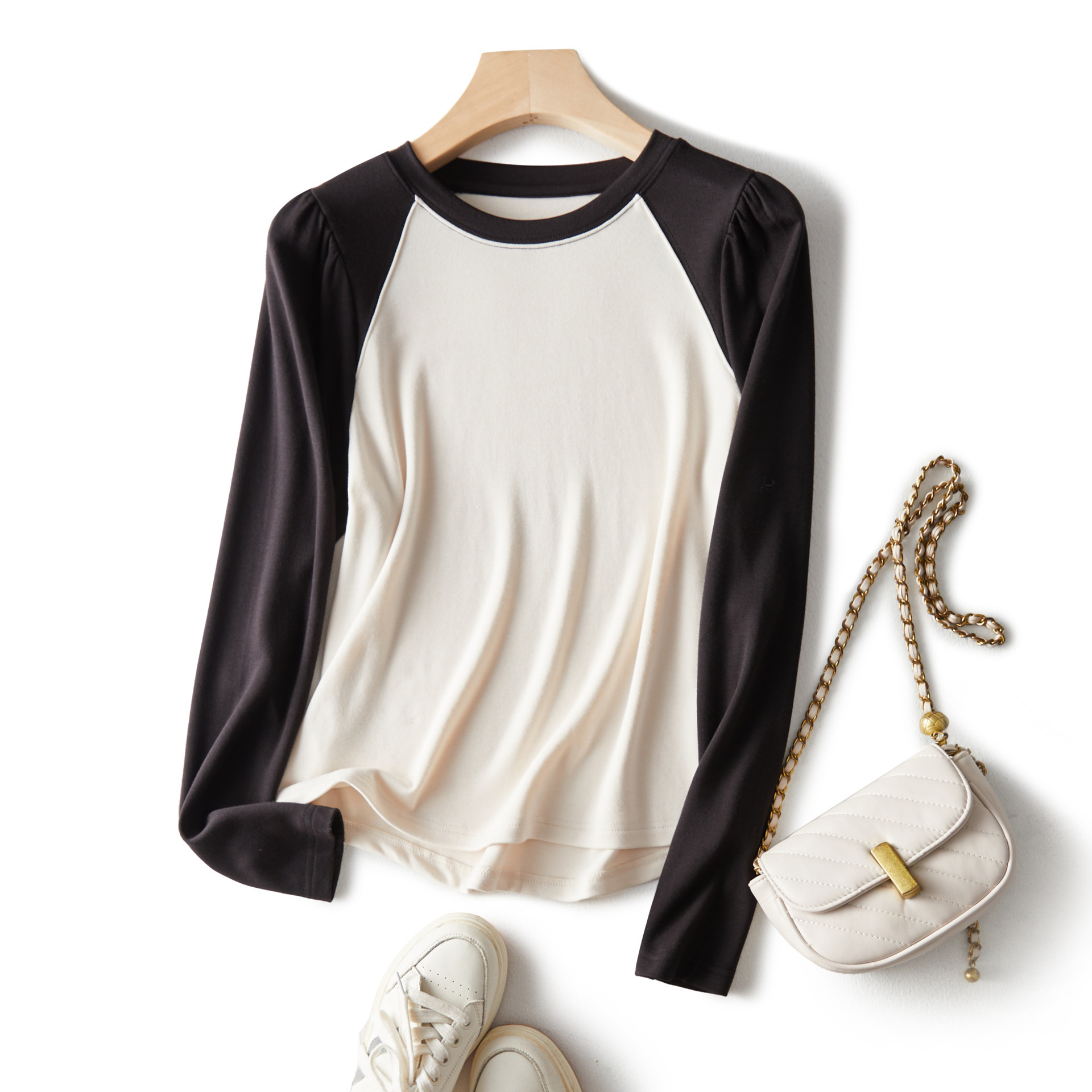 莫代尔棉羊毛羊绒蛋白 基础款撞色插肩袖圆弧下摆泡泡袖长袖t恤女