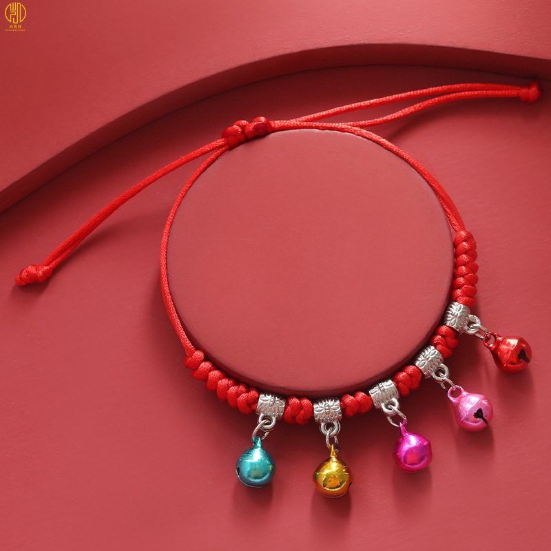 New Red Rope Children's Bracelet Hand-Woven Adjustable Baby Bracelet Anklet Five Bells Small Jewelry Wholesale
