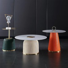 新款不锈钢岩板圆形皮茶几组合设计师小户型样板房客厅创意小茶桌