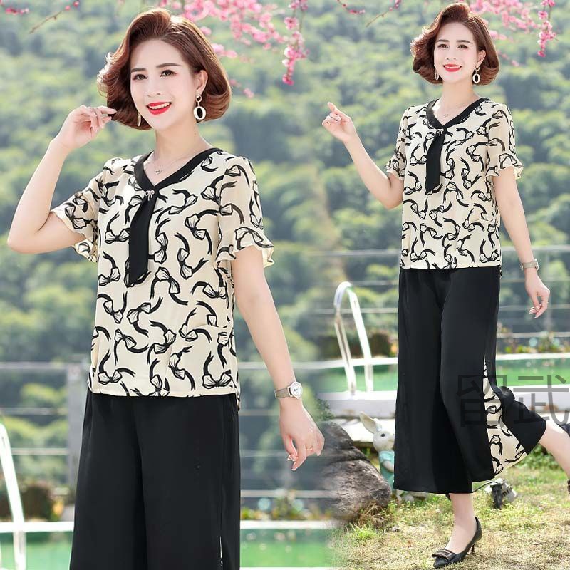 lw妈妈夏装短袖雪纺两件套40岁50中老年女洋气上衣阔腿裤套装母亲