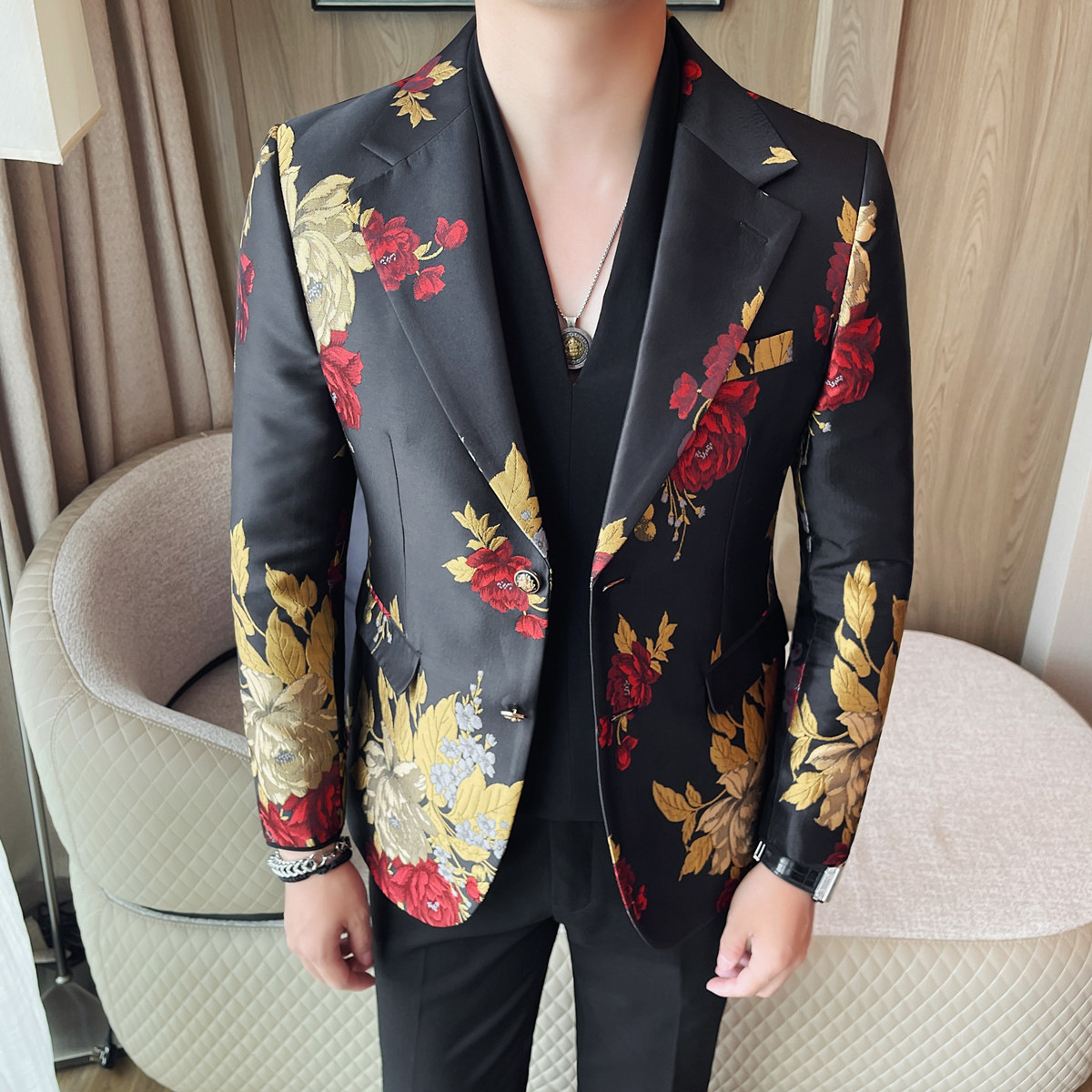 跨境速卖通韩版修身提花单西外套男舞台聚会夜店dj司仪商务礼服男