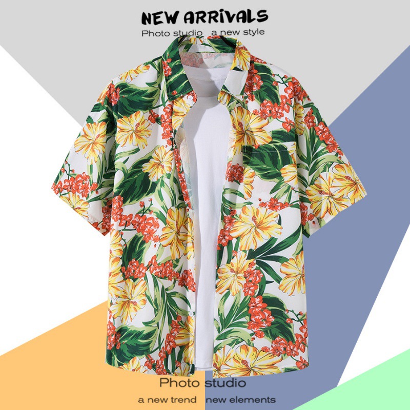 INS Hong Kong Style Vintage Vintage Style Short Sleeve Printed Shirt Men 2022 Hawaii Vintage Shirt Pu Handsome Coat Fashion