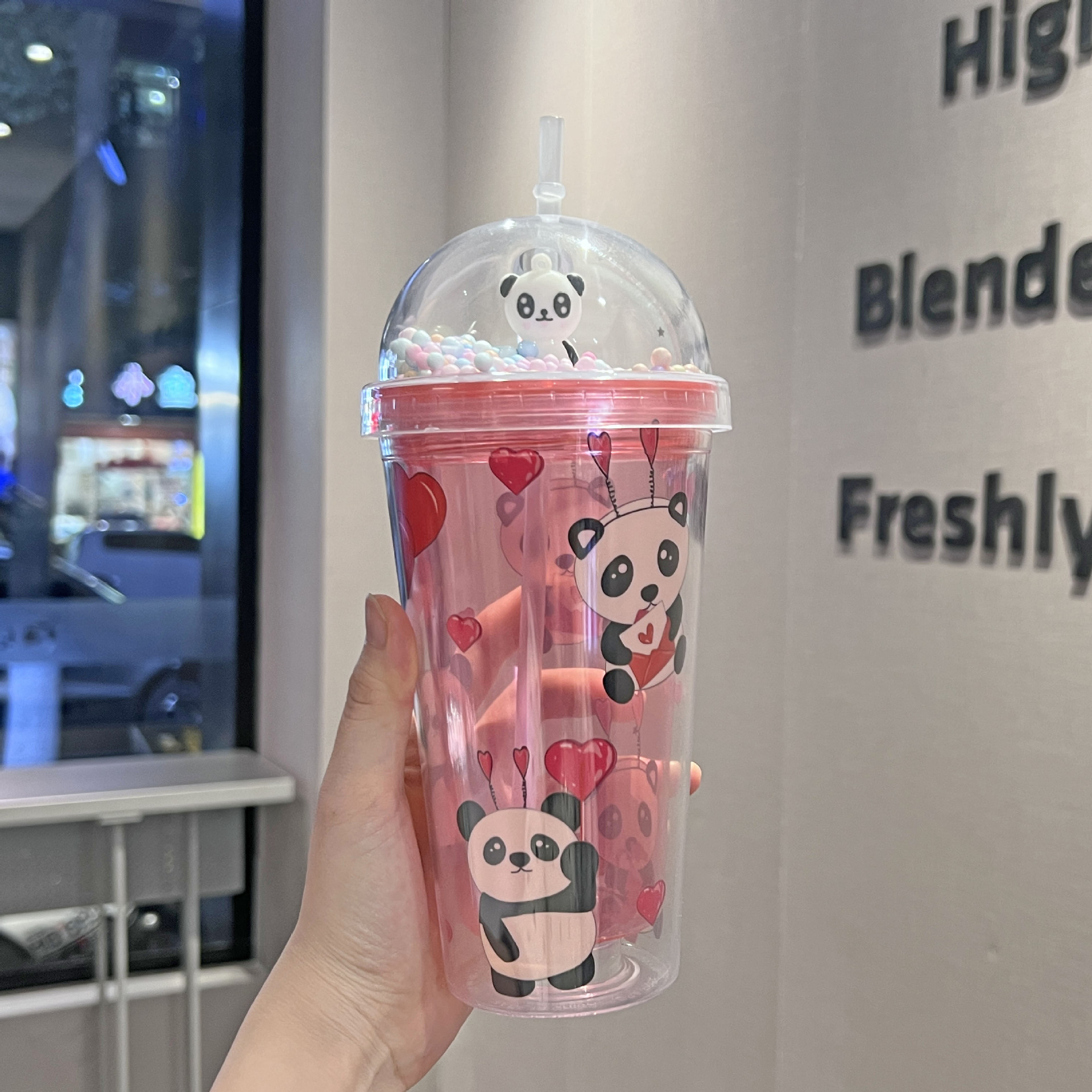 Cross-Border New Arrival Panda Water Cup Double-Layer Ice Crack Crushed Ice Cup Plastic Cup Wholesale Large Capacity Cartoon Portable Straw Cup