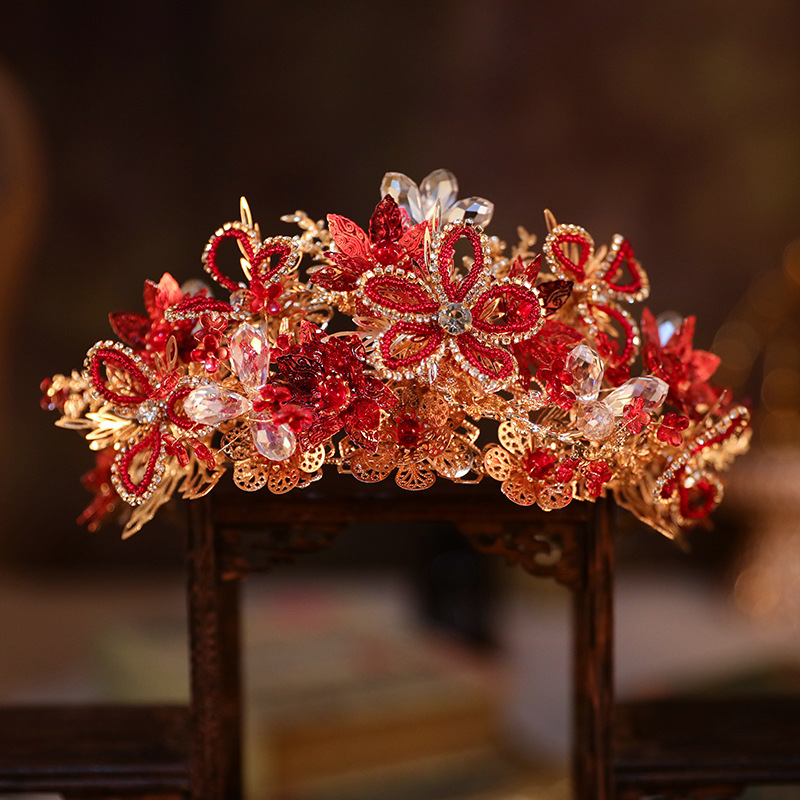 新娘红色花朵串珠琉璃秀禾头饰中式复古奢华大气凤冠套装婚礼配饰