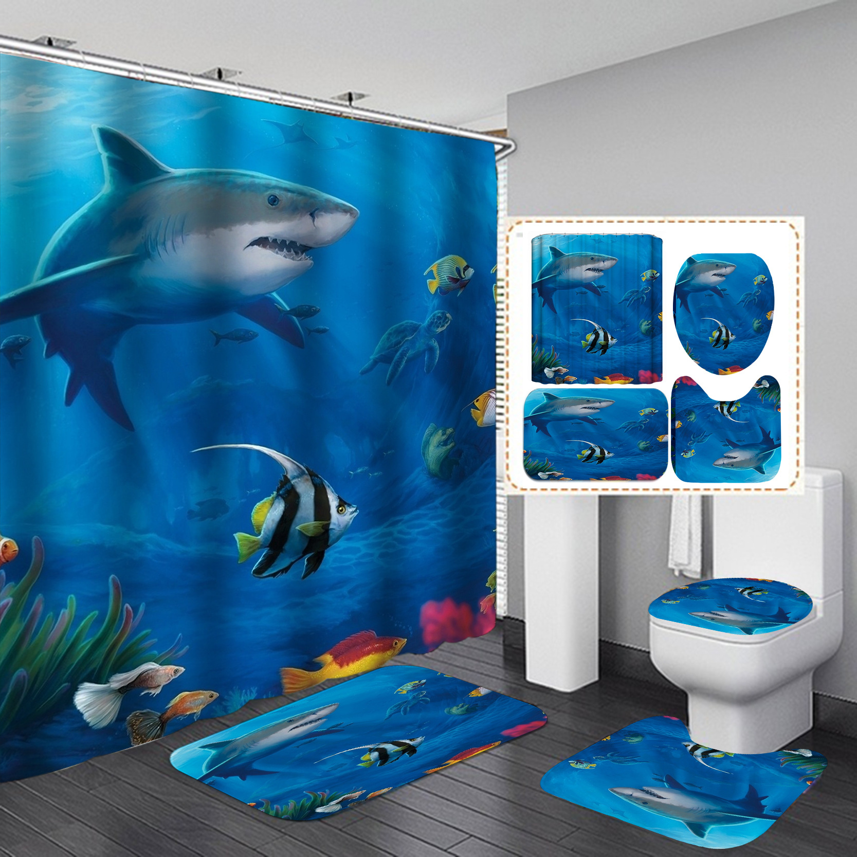 Shower Curtain Set Marine Life Series HD Digital Printing Waterproof Punch-Free Partition Curtain Hotel Rain Curtain