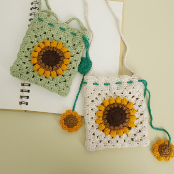 甜美花朵手工编织斜挎包 织女毛线编织方形零钱包成品 儿童小挎包