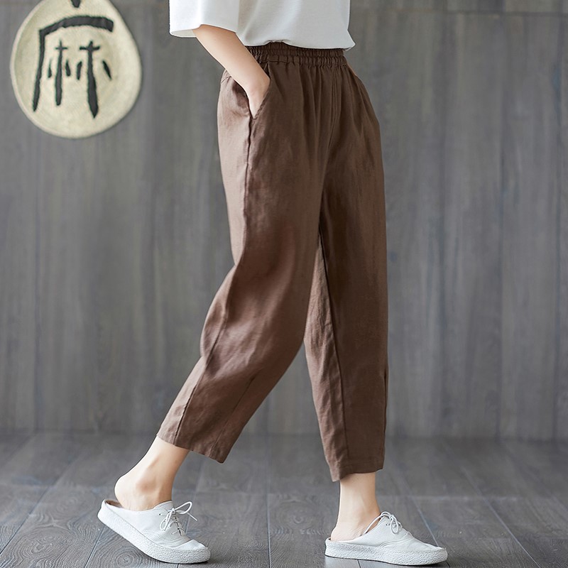 [Spot] Cotton and Linen Trousers Women's Large Size Cropped Pants Loose Feet Harem Casual Pants Baggy Pants