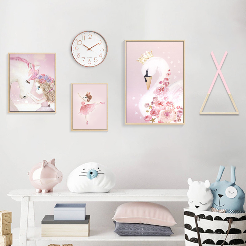 北欧儿童房装饰画女孩卧室床头挂画公主房墙画创意卡通组合壁画