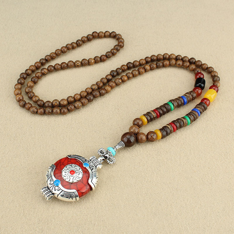 Factory Store Ethnic Style Bohemian Tibetan Ping an Fu Necklace Men and Women All-Matching Wooden Long Sweater Chain Accessories