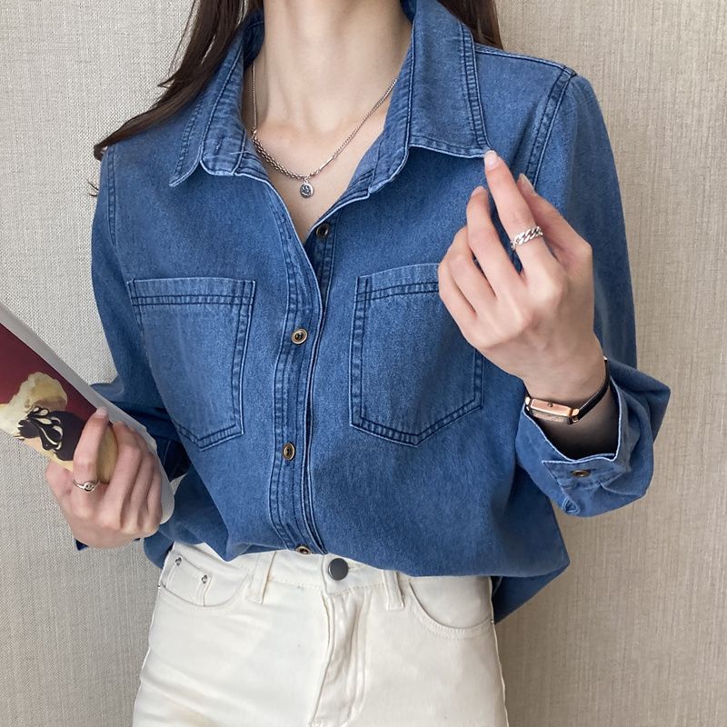 autumn and winter 2023 new blue color denim shirt women‘s retro design niche loose bandage dress denim shirt