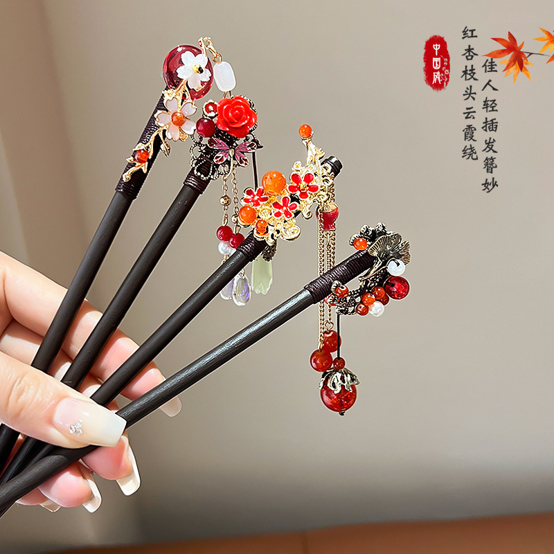 New Chinese Style Wooden Tassel Hairpin Advanced Red Flowers Hair Clasp Chinese Style Cheongsam Han Chinese Clothing Accessories Antique Hair Accessories