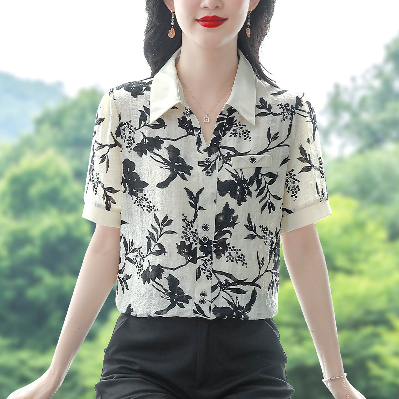 实拍短袖印花雪纺衫夏装新款女士洋气百搭上衣遮肚子衬衫-阿里巴巴