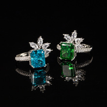 欧美新款方钻彩宝戒指女时尚高级感海蓝冰花切高碳钻戒指一件代发