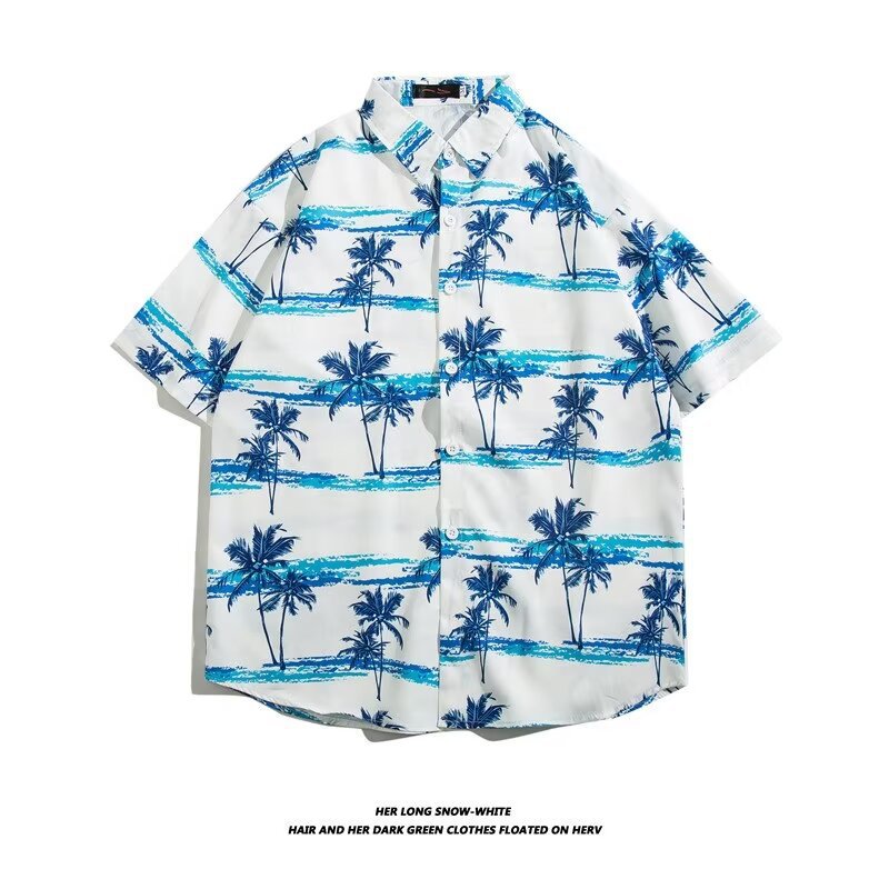 2024夏季新款凉快椰树印花沙滩衬衫男夏威夷风chic复古短袖衬衣