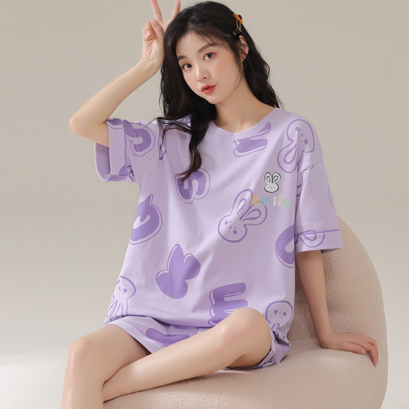 2023 New Pajamas for Women Summer Cotton Short Sleeve round Neck Cartoon Thin Pajamas Homewear Suitable for Daily Wear Suit