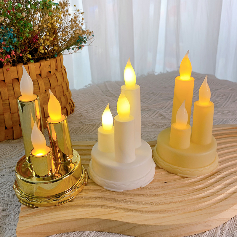 Golden Vintage Electroplating Candlestick Smoke-Free Three-Head Electronic Candle Hotel Home Wedding Restaurant LED Candle Ornaments