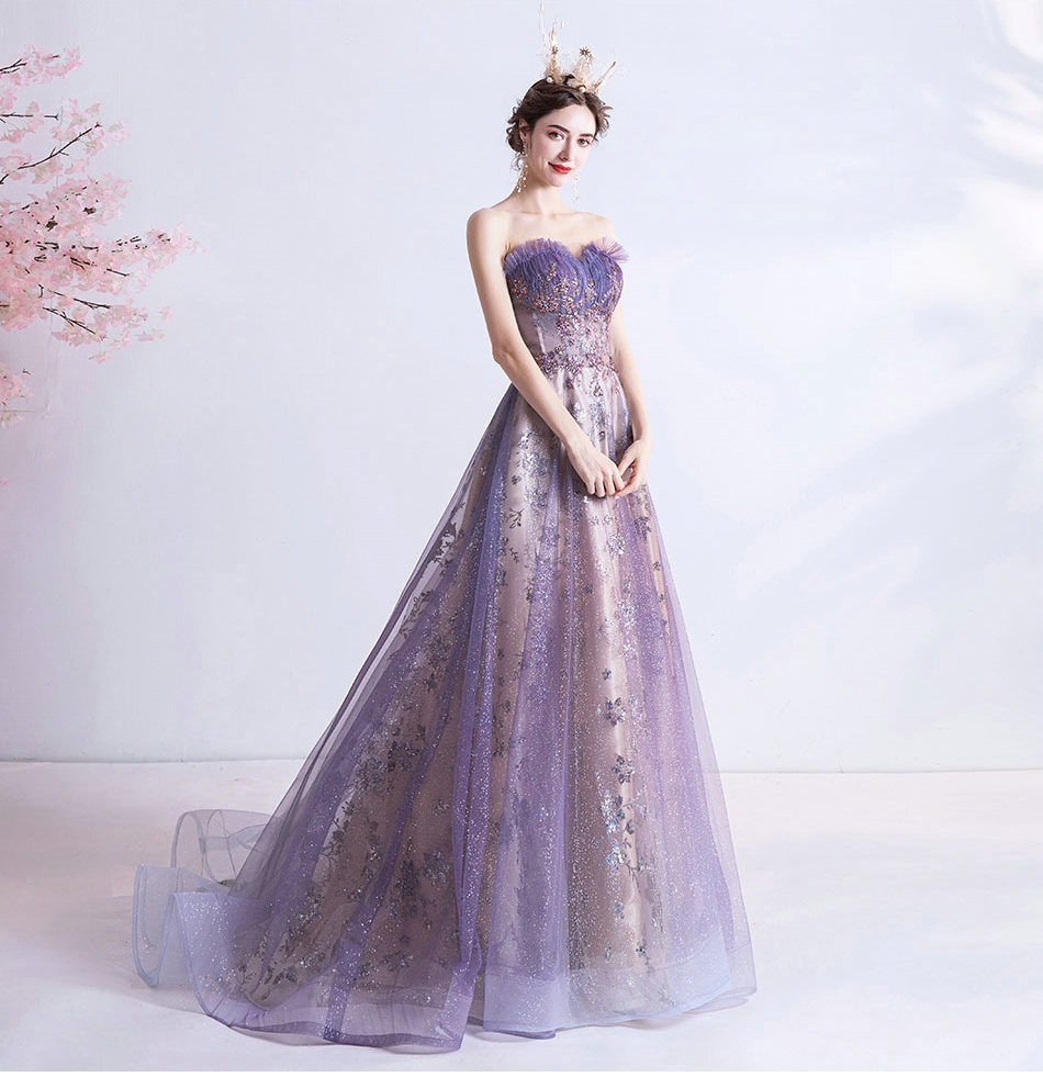 年会晚礼服2022春新款性感抹胸紫色亮片星空裙婚礼新娘艺考演出服