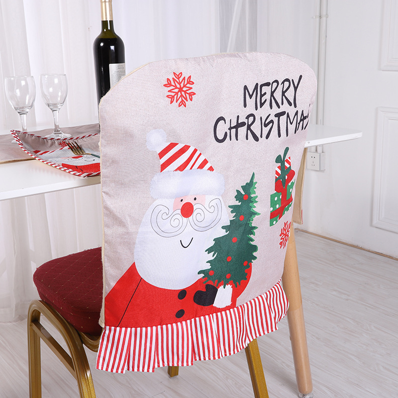 Christmas Decoration Printing Linen Dining Chair Cover Santa Snowman Back Cushion Hotel Table Layout Chair Back Cover