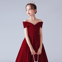 儿童礼服小主持人公主裙女童钢琴演奏表演红色晚礼服高端轻奢小众